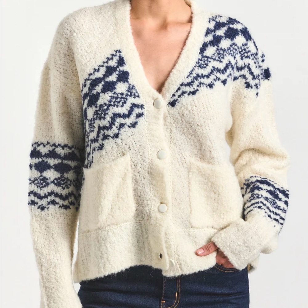 Derek Lam Cream Cardigan with Navy Geometric Knit